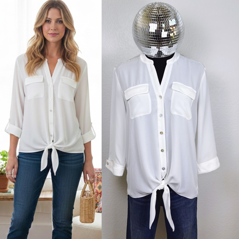 INVESTMENTS White Lace Tie Front V-Neck Blouse, Women's Size Small‎ shirt
